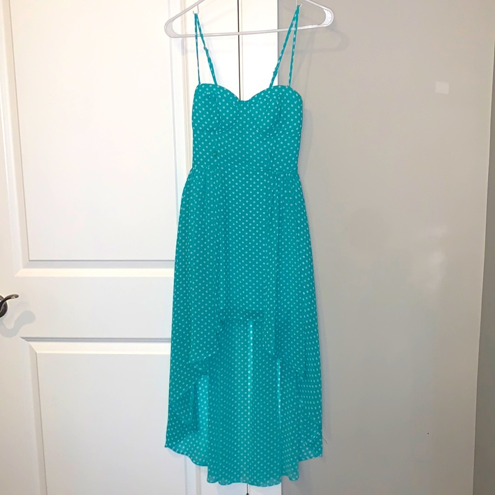 High low teal polka dot dress 👗